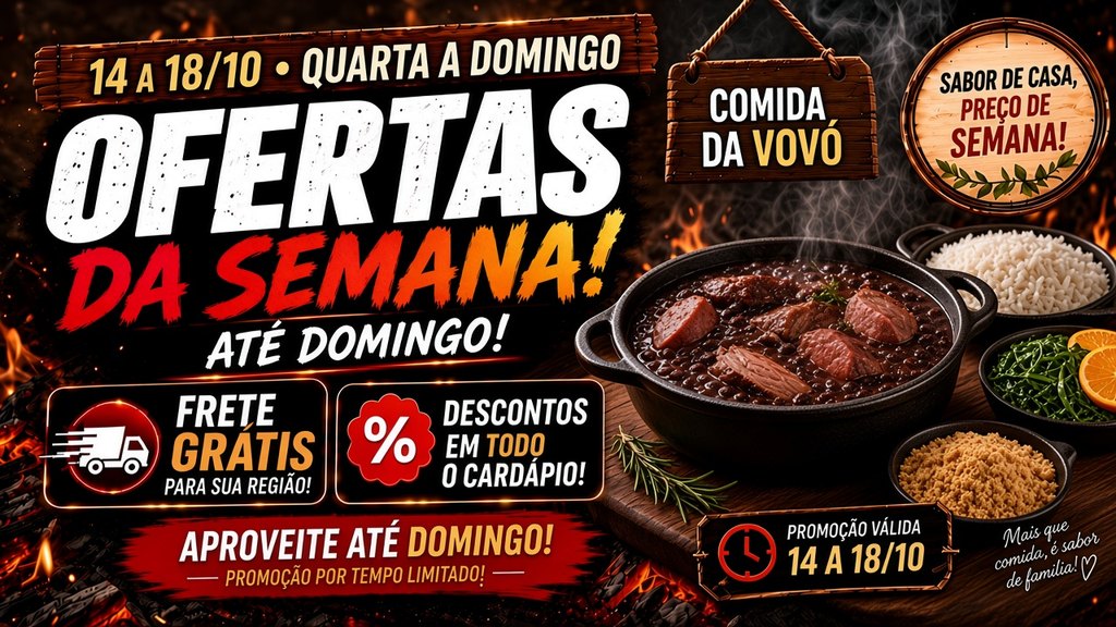 Ofertas da semana até domingo, comida caseira, frete grátis e descontos. 14 a 18/10.